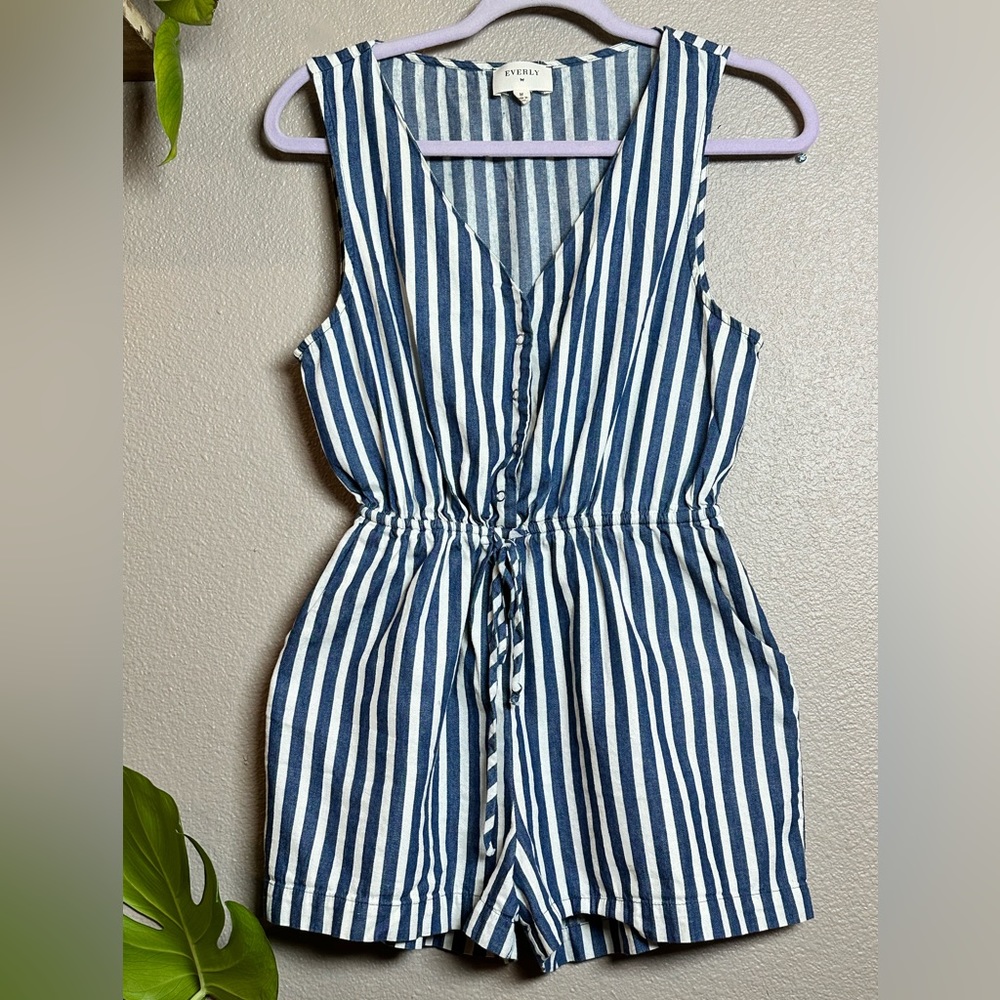 SOLD - Everly navy stripe romper Size Med
